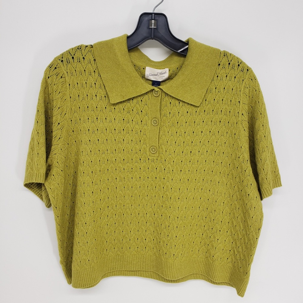 Universal Thread Pointelle Knit Polo Sweater Women L Green Cropped Short Sleeve